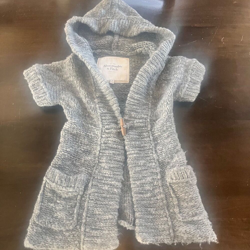 Y2K Abercrbomie & Fitch Toggle Cardigan Sweater Chunky Gray Hooded Short Sleeve